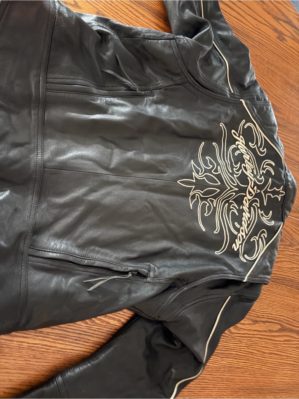 Harley-Davidson Black Leather Jacket with White Embroidered Back Design